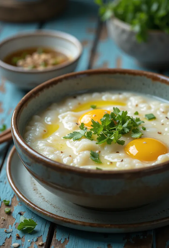 Tojásos Congee, gazdag tojásos, gyömbéres ízvilággal