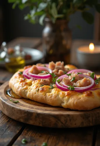 Tonhalas és lilahagymás focaccia tálalva