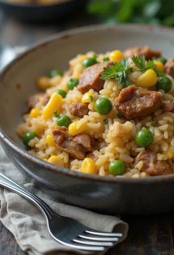 Arroz carreteiro maradék hússal, zöldborsóval és kukoricával tálalva