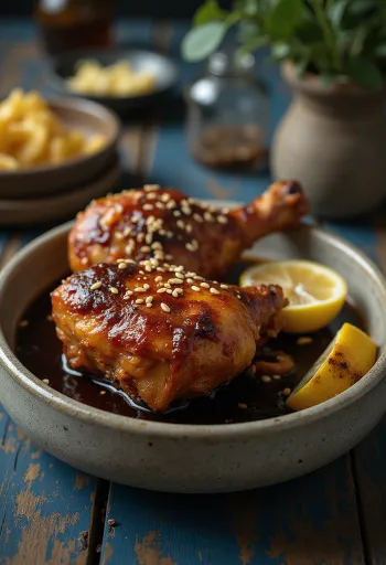 Ayam Penyet édes szójaszósszal, sült csirke, samballal és rizzsel tálalva