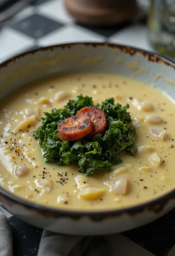 Caldo Verde zöldségleves alappal, friss zöldségekkel és pirított kolbásszal