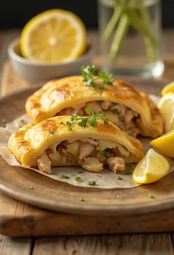 Calzone tonhallal, aranybarna kérgű, tonhallal és sajttal töltve