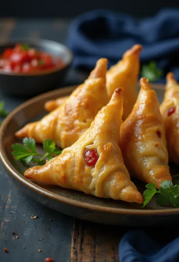 Chilis csirkés samosa tálalva