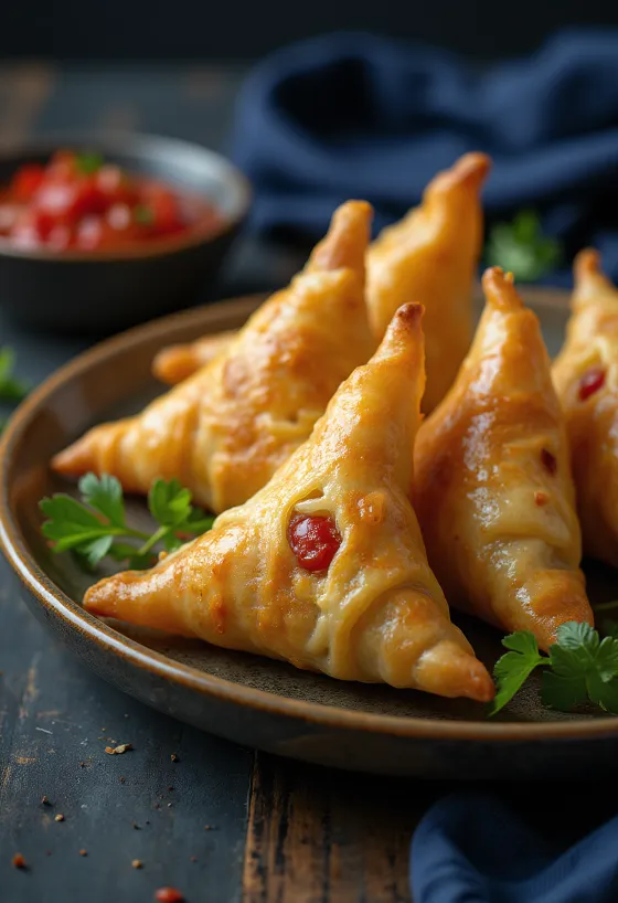 Chilis csirkés samosa tálalva