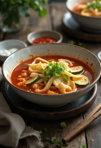 Chilis Sujebi, koreai tésztaleves chilis fokhagymás szósszal és zöldhagymával tálalva