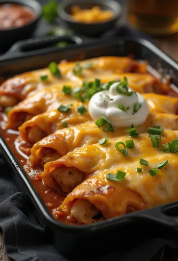 Enchilada csirkével, tortillában, olvadt sajttal, paradicsomszószban tálalva