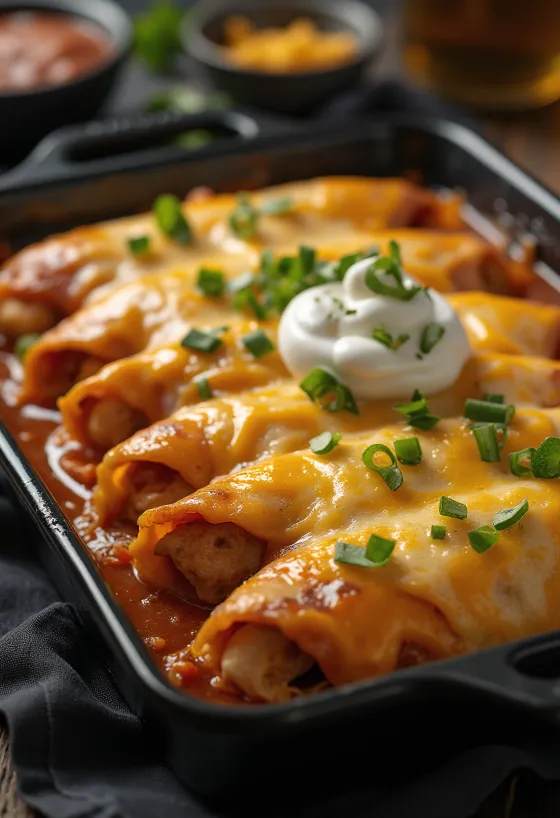 Enchilada csirkével, tortillában, olvadt sajttal, paradicsomszószban tálalva