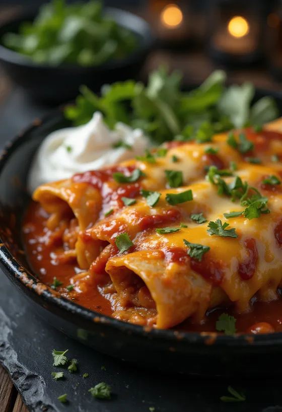 Enchilada, fűszeres paradicsomszósszal, reszelt sajttal és friss korianderrel tálalva