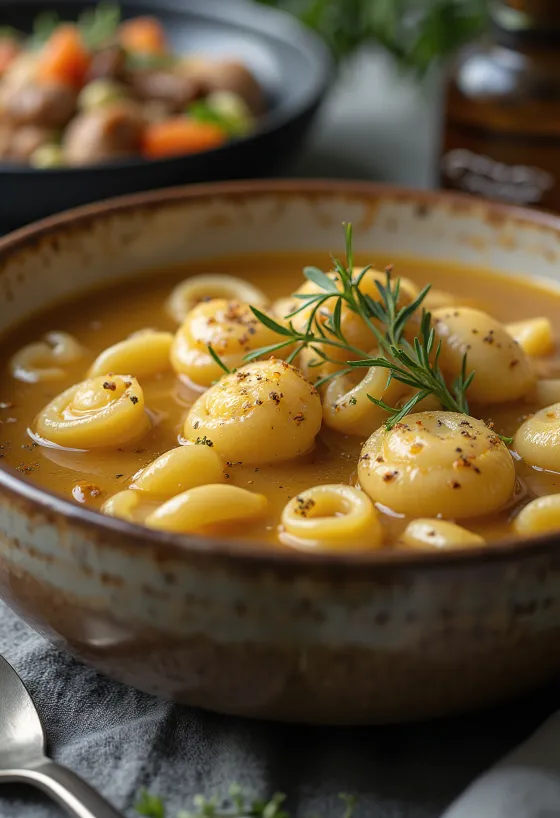Escudella amb galets, gazdag húsleves, tálalva friss petrezselyemmel