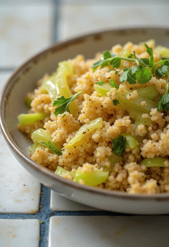 Fűszeres bulgur kelkáposztával tálalva