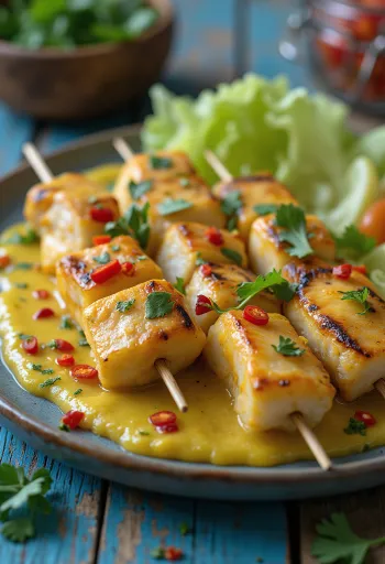 Hal satay, grillezett hal nyársak, friss zöldségek kíséretében