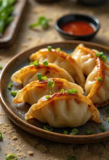 Kimchi Gyoza tálalva szójaszószos mártogatóval és újhagymával