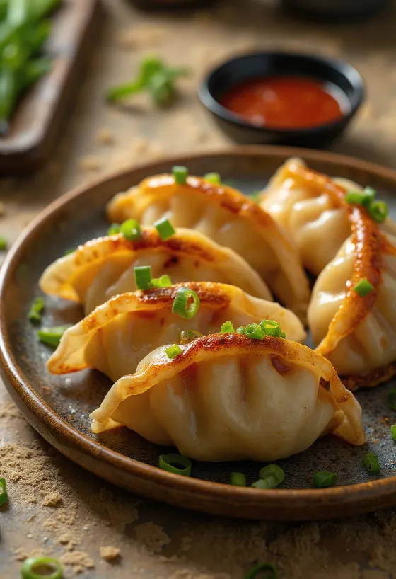 Kimchi Gyoza tálalva szójaszószos mártogatóval és újhagymával