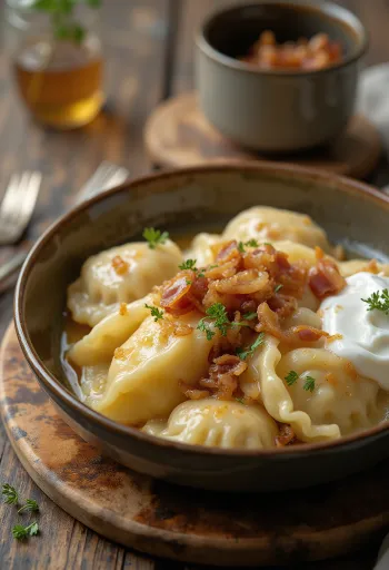 Klasszikus Pierogi, túróval és sült hagymával töltve, tálalva