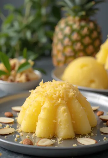 Kókuszos-ananászos kulfi jégkrém ananász darabokkal és rózsavíz díszítéssel