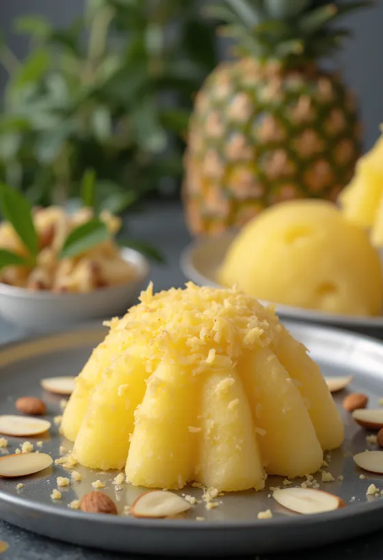 Kókuszos-ananászos kulfi jégkrém ananász darabokkal és rózsavíz díszítéssel