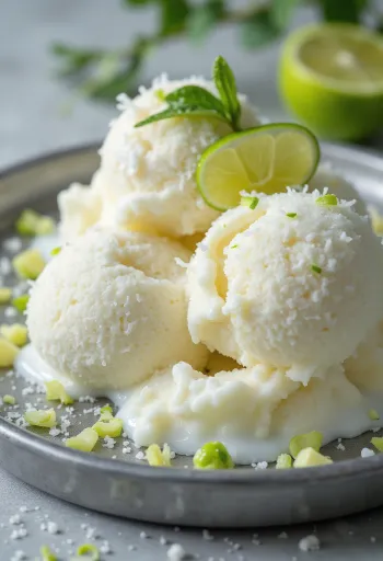 Kókuszos lime fagylalt tálalva friss lime szeletekkel