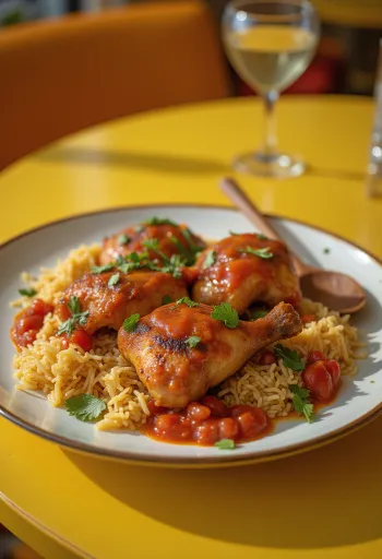 Mandi paradicsomos szósszal, csirke és fűszeres rizs paradicsomos szósszal