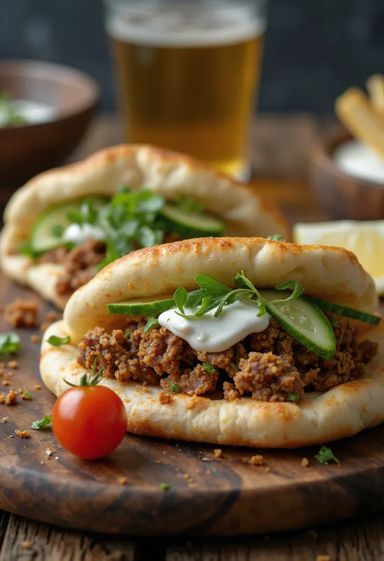 Marhahúsos pita friss zöldségekkel tálalva