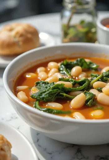 Minestrone leves spenóttal, paradicsommal, babbal és tésztával tálalva