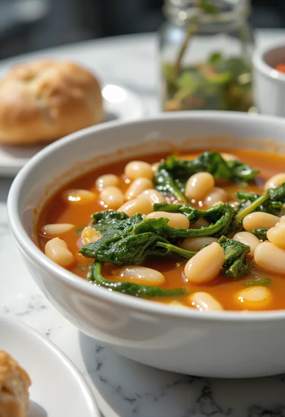 Minestrone leves spenóttal, paradicsommal, babbal és tésztával tálalva