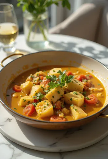 Moqueca fehér borral, kókusztejjel, friss korianderrel díszítve