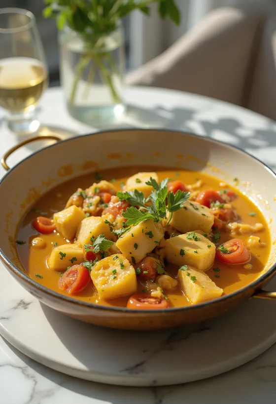 Moqueca fehér borral, kókusztejjel, friss korianderrel díszítve