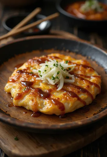Káposztával készült okonomiyaki tálalva, okonomiyaki szósszal és bonito pelyhekkel