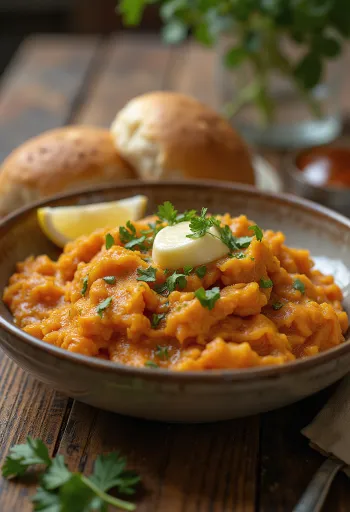 Pav Bhaji édesburgonyával, egy tálban krémes édesburgonyás szósz, ropogós zsemlékkel és vajjal