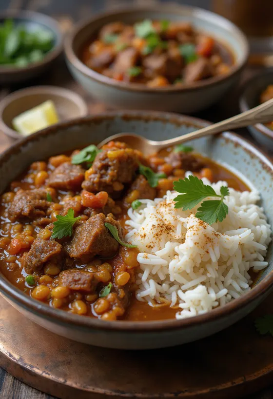 Pepperpot rizzsel, gazdag fűszeres marhahúsos étel, tálalva friss rizs kíséretében