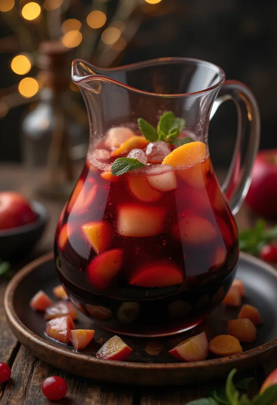 Sangria friss gyümölcsökkel és jégkockával tálalva