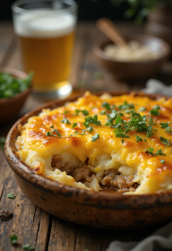 Shepherd’s pie füstölt sajttal tálalva, burgonyapürével a tetején