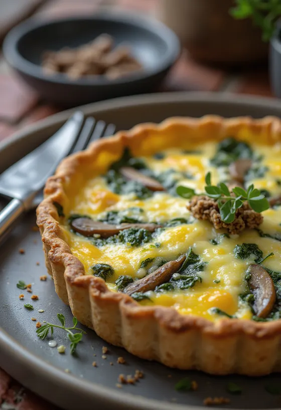 Spenótos-gombás quiche aranybarnára sütve, szeletelve