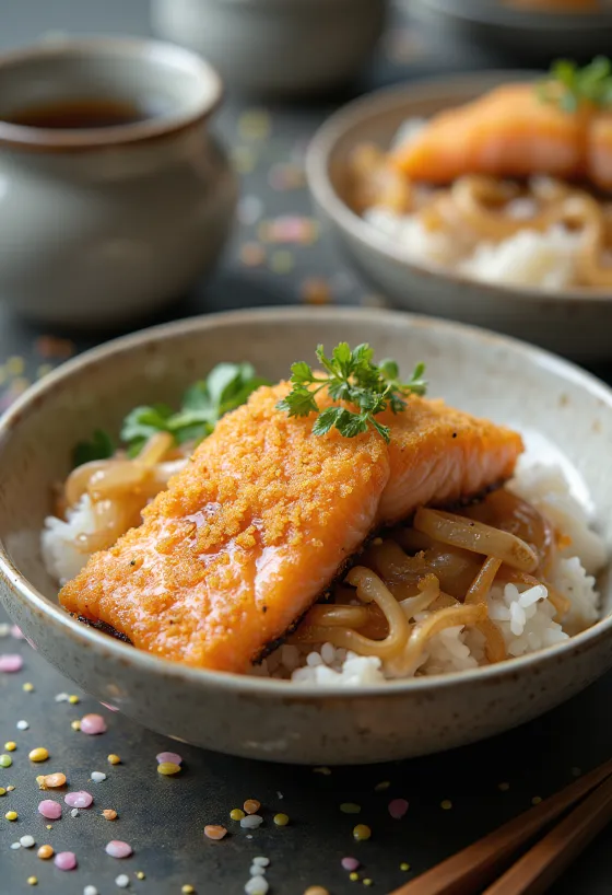 Sült lazacos katsudon, rizs, szójaszószos hagymás öntettel tálalva