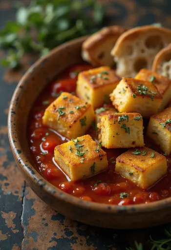 Sült tofu paradicsomszósszal tálalva