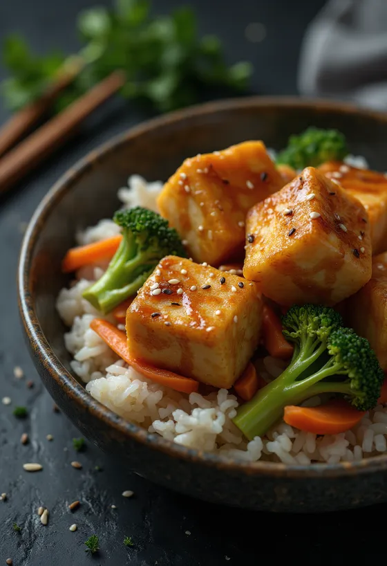 Sült tofu rizses zöldségekkel tálalva