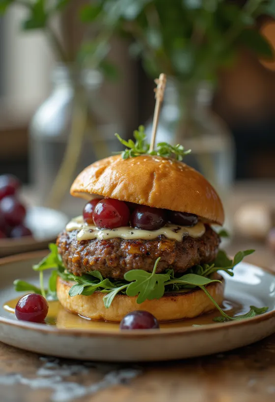 Szőlős-Kéksajtos Burger tálalva