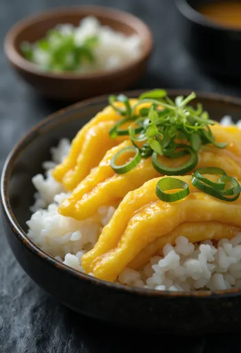 Tamagoyaki rizs, friss tojással, rizses tálalással, szezámmaggal díszítve