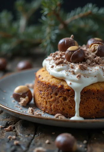 Téli gesztenyés torta étcsokoládéval és dióval díszítve