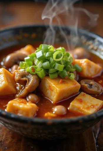 Fűszeres tofu Yukgaejang leves enoki gombával és zöldségekkel tálalva