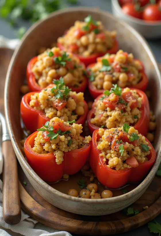 Vegán töltött paprika quinoával tálalva
