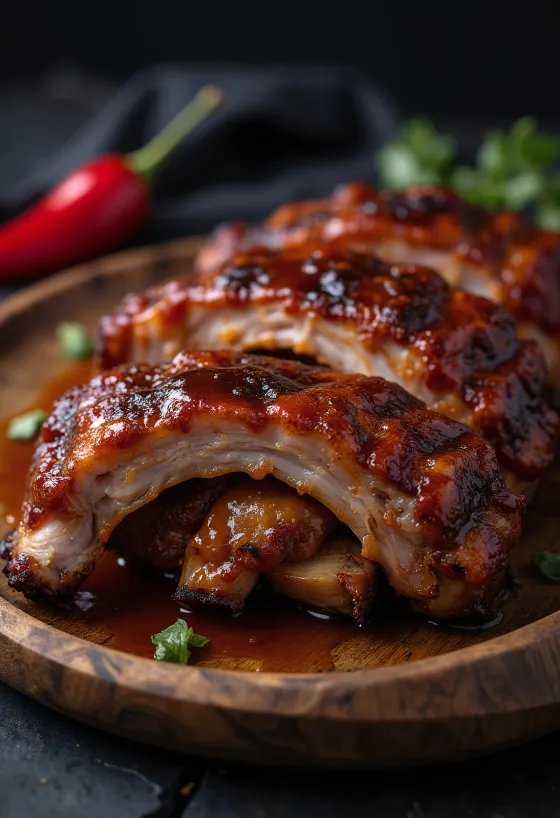 BBQ sertésoldalas fűszeres páccal tálalva