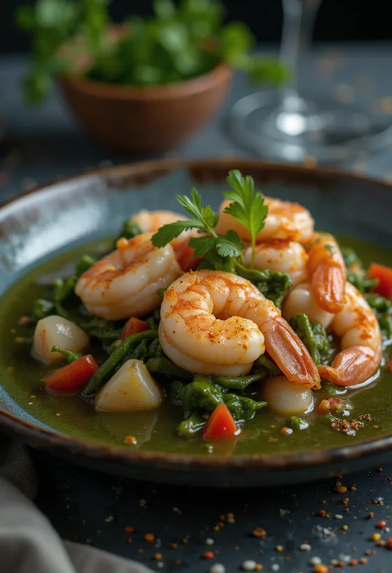 Callaloo garnélával, kókusztejben főzve, friss fűszerekkel tálalva