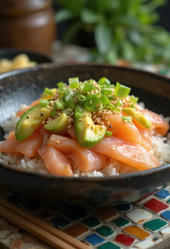 Chirashi tál avokádóval, lazaccal és friss zöldségekkel tálalva