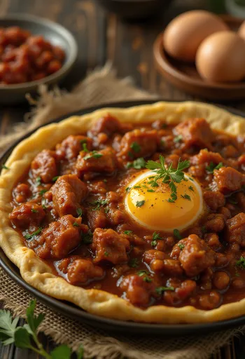 Doro Wat tálalva keménytojással és injera lapokkal