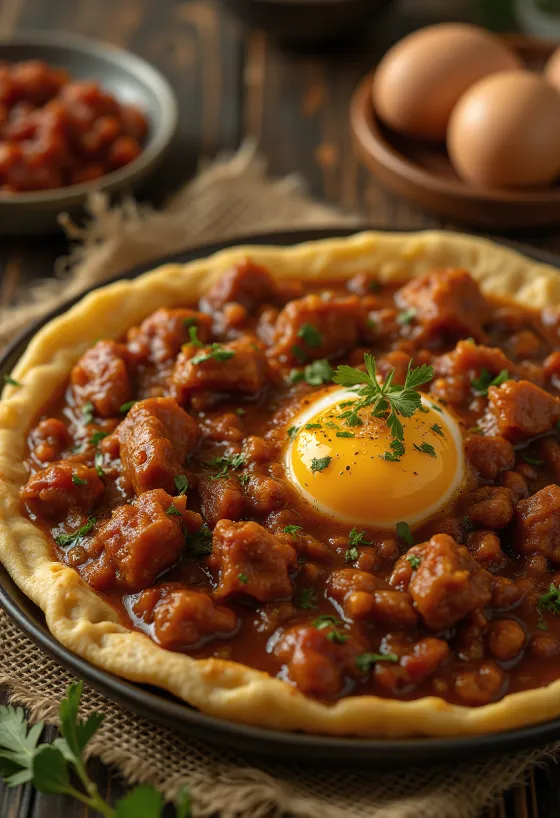 Doro Wat tálalva keménytojással és injera lapokkal
