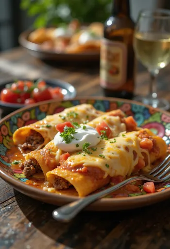 Enchilada paradicsommal, egy fűszeres darált húsos étel sajttal és friss korianderrel