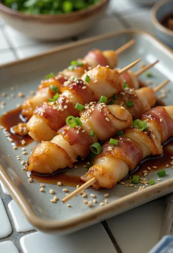 Enoki gomba szalonnába tekerve, nyársra húzva, szezámmaggal megszórva