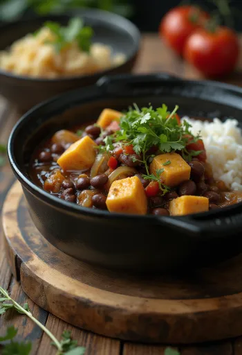 Feijoada füstölt tofuval, friss korianderrel díszítve