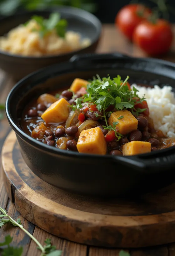Feijoada füstölt tofuval, friss korianderrel díszítve